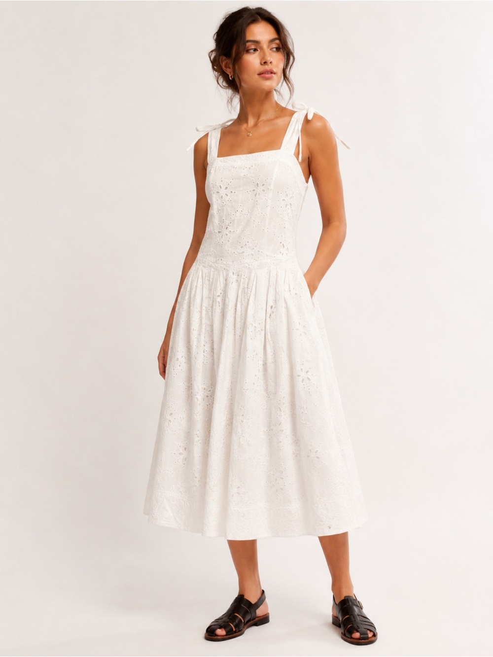 Free People Women White Eyelet Tie Strap Drop Waist Midi Dress Size M NWT